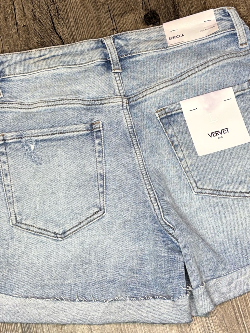 VERVET Blue Rebecca Light Blue Distressed Rolled Hem High Rise Denim Shorts - Picture 7 of 13